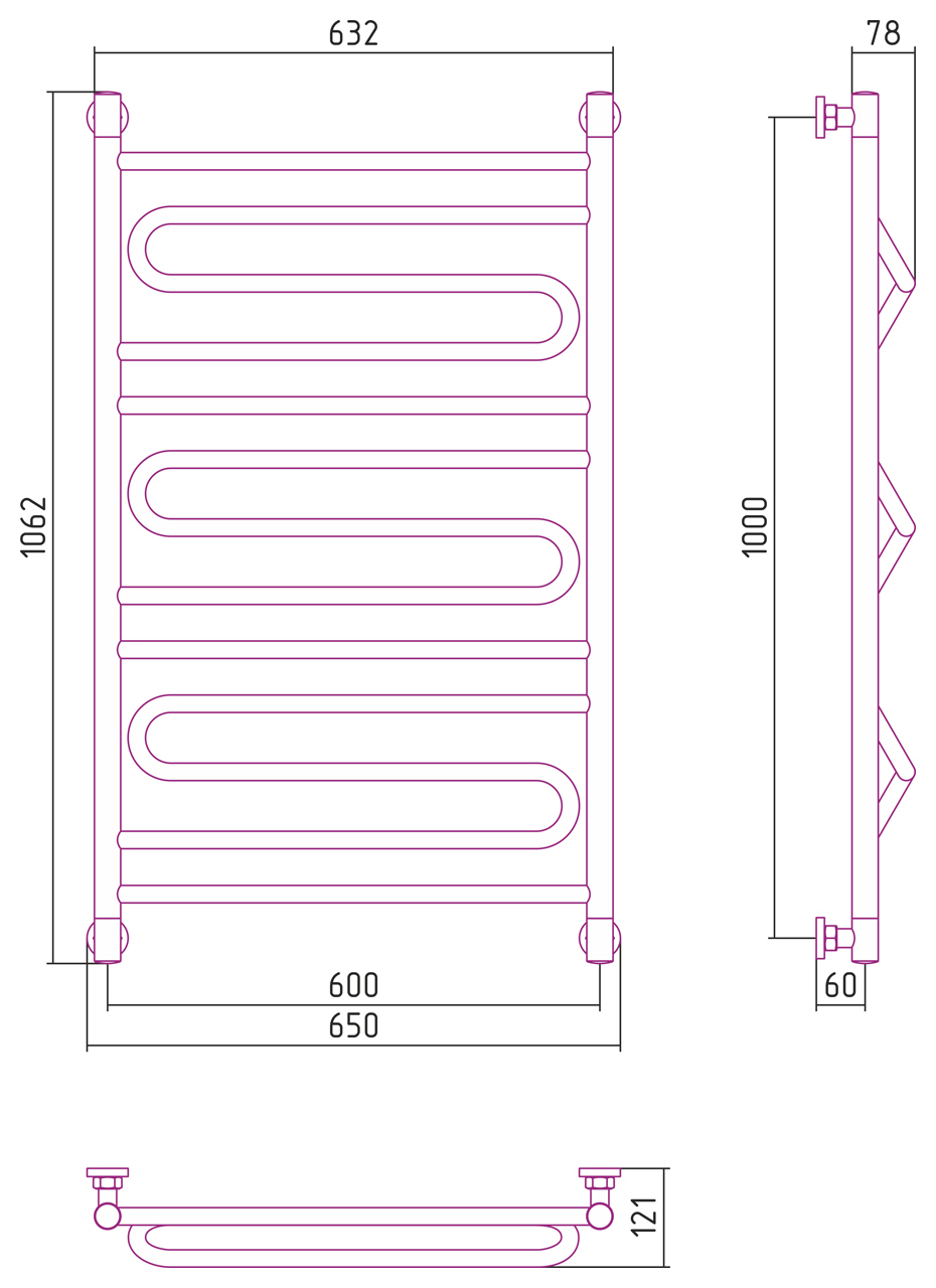 Полотенцесушитель водяной Сунержа Элегия+ 1000x600